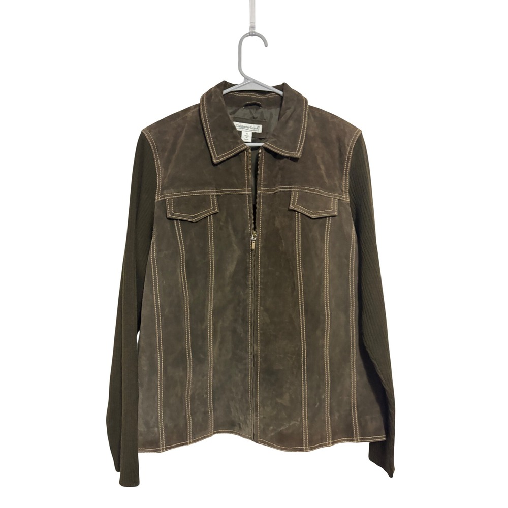 Coldwater Creek Jacket Mixed Media Suede Knit Brown Contrast Stitch Size 16